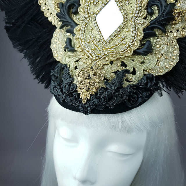 "Lujo" Black & Gold Feather & Filigree Headdress