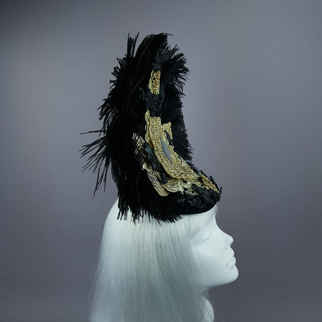 "Lujo" Black & Gold Feather & Filigree Headdress