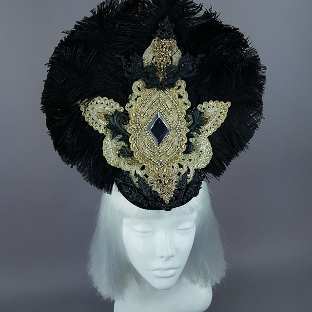 "Lujo" Black & Gold Feather & Filigree Headdress