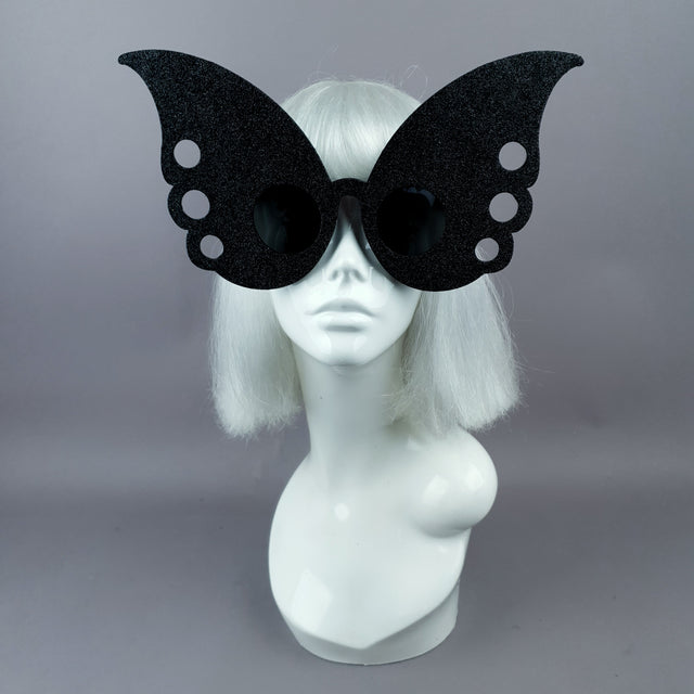 "Gaia" Oversized Black Glitter Butterfly Sunglasses