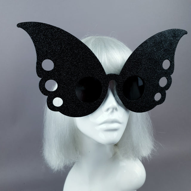 "Gaia" Oversized Black Glitter Butterfly Sunglasses
