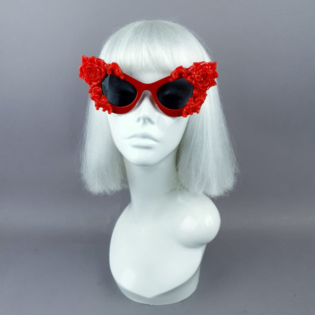 "Saudade" Red Baroque Rose Cat Eye Shaped Sunglasses