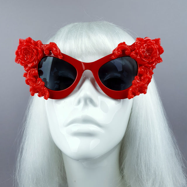 "Saudade" Red Baroque Rose Cat Eye Shaped Sunglasses