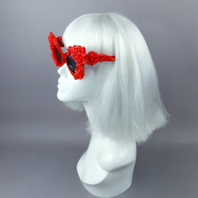 "Saudade" Red Baroque Rose Cat Eye Shaped Sunglasses