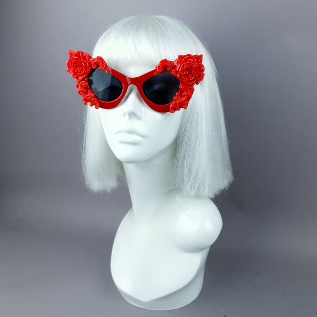 "Saudade" Red Baroque Rose Cat Eye Shaped Sunglasses