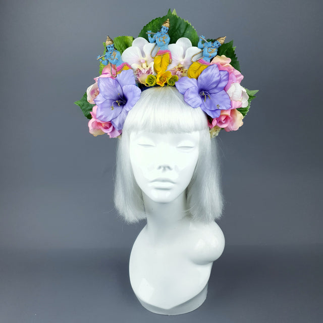 Colourful Flower Headdress with 3 Krishnas