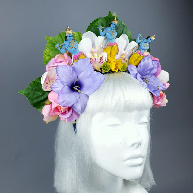 Colourful Flower Headdress with 3 Krishnas