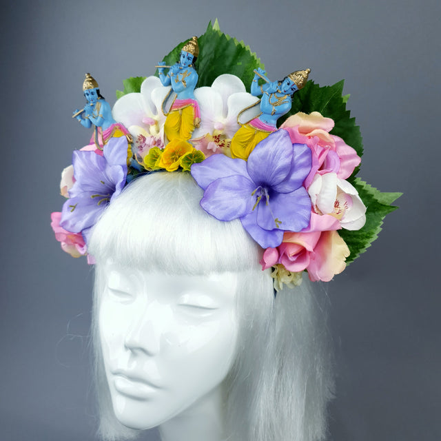 Colourful Flower Headdress with 3 Krishnas