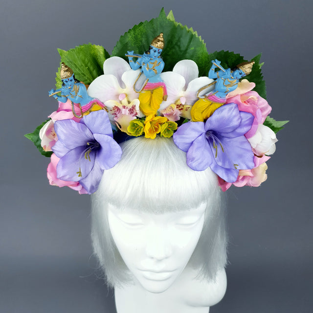 Colourful Flower Headdress with 3 Krishnas