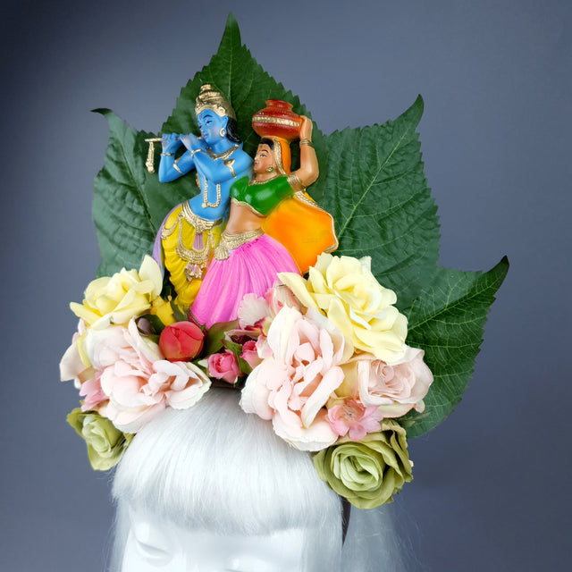 XL Colourful Flower Headdress with Krishna & Radha