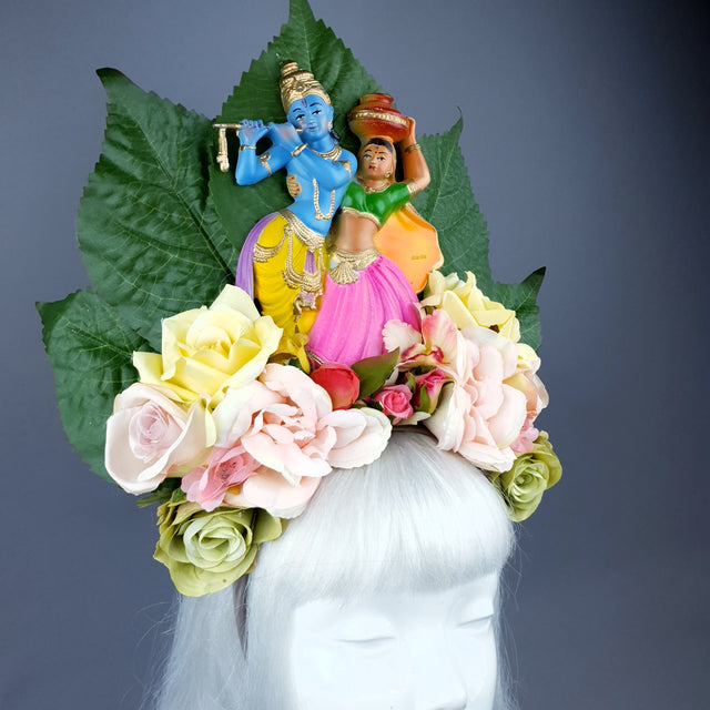XL Colourful Flower Headdress with Krishna & Radha