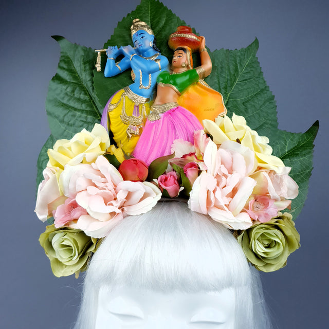XL Colourful Flower Headdress with Krishna & Radha