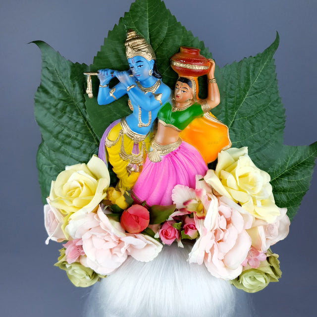 XL Colourful Flower Headdress with Krishna & Radha