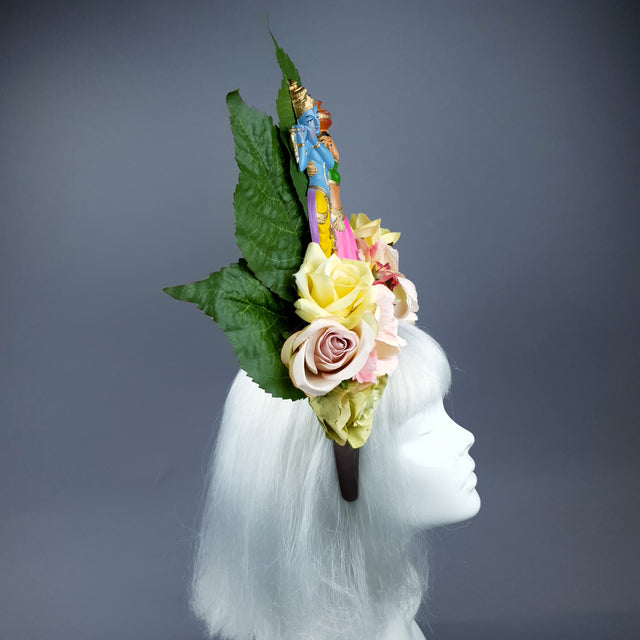 XL Colourful Flower Headdress with Krishna & Radha