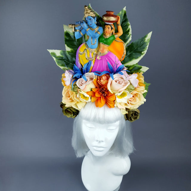 XL Colourful Flower Headdress with Krishna & Radha
