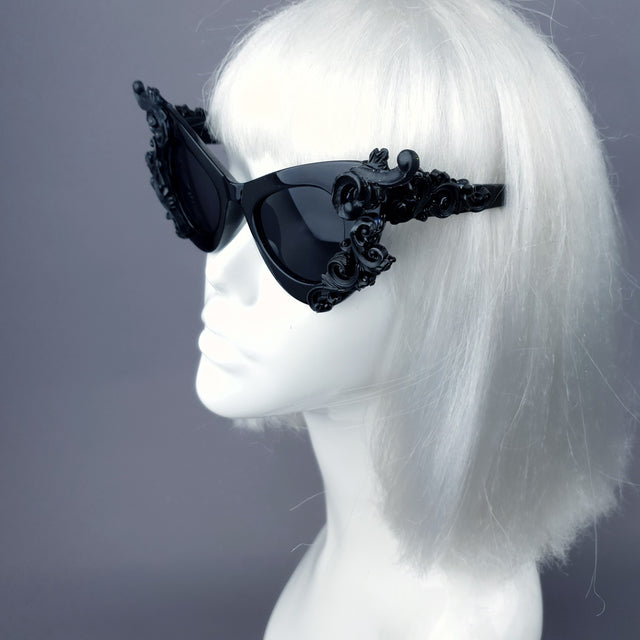 Pearls & Swine Black Filigree Cat Eye Sunglasses "Gothique"