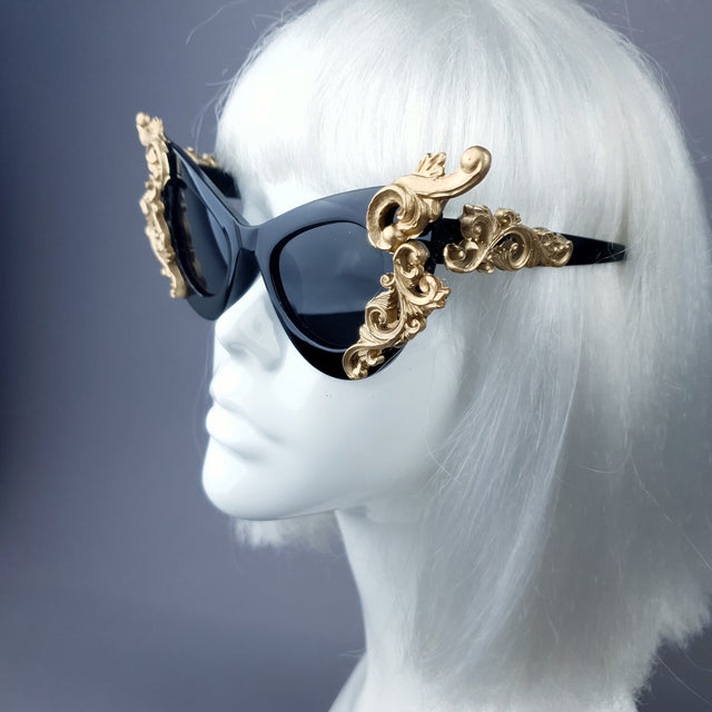 "Gothique" Black & Gold Filigree Bat Catseye Sunglasses