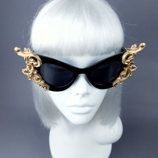 "Gothique" Black & Gold Filigree Bat Catseye Sunglasses