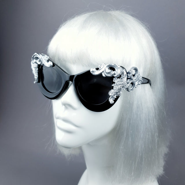 "Amara" Black & Silver Filigree Catseye Sunglasses
