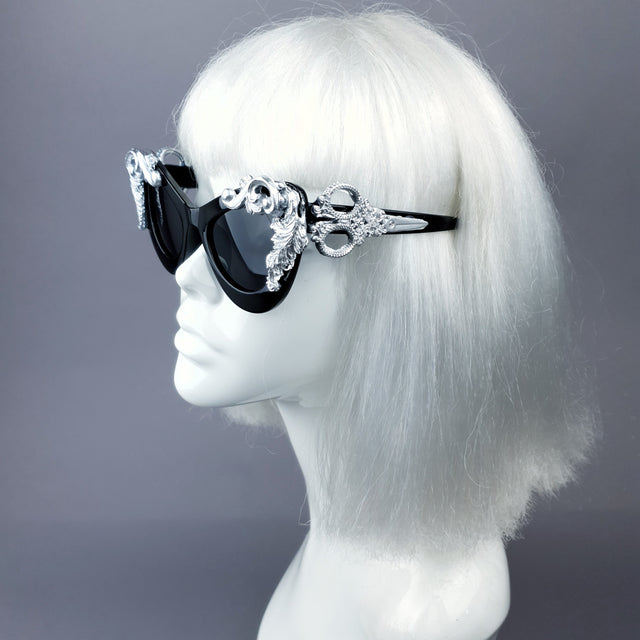 "Amara" Black & Silver Filigree Catseye Sunglasses