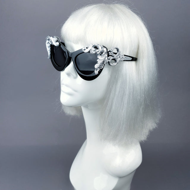"Amara" Black & Silver Filigree Catseye Sunglasses