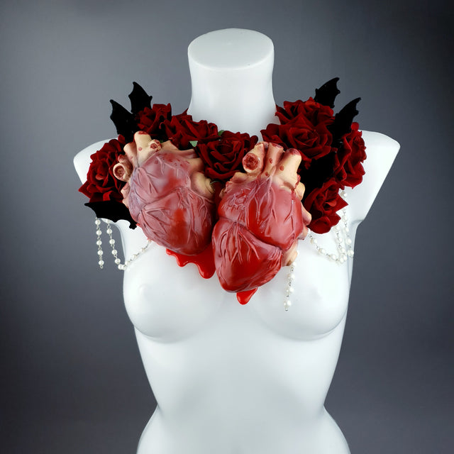 "2 Hearts Beat As 1" Red Rose, Anatomical Heart & Bat Wing Neckpiece