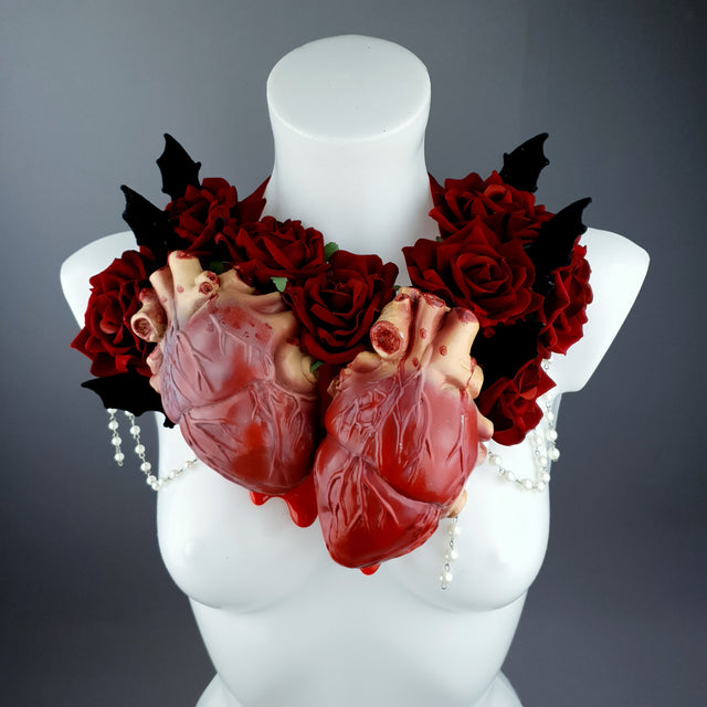 "2 Hearts Beat As 1" Red Rose, Anatomical Heart & Bat Wing Neckpiece