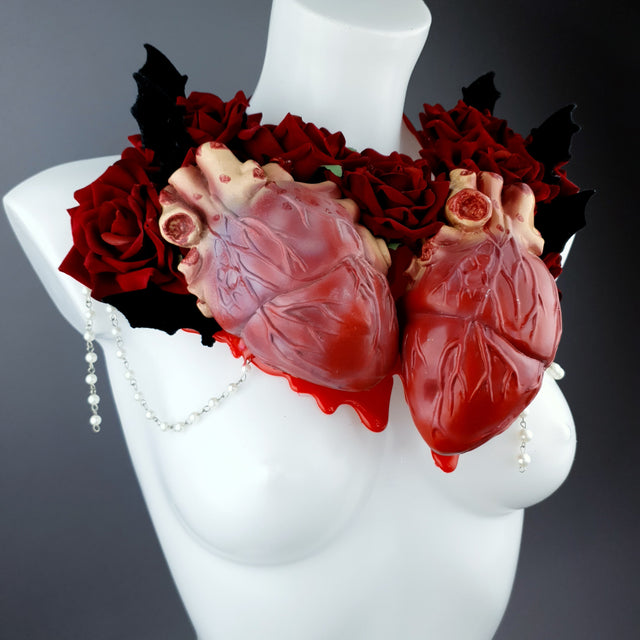 "2 Hearts Beat As 1" Red Rose, Anatomical Heart & Bat Wing Neckpiece