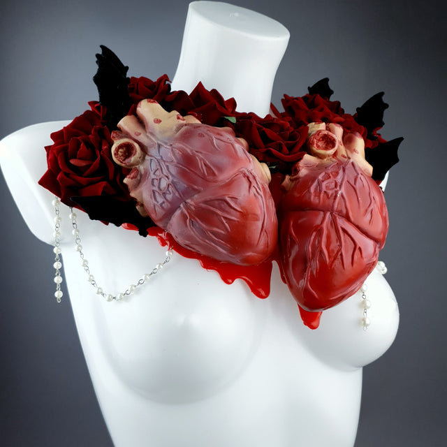 "2 Hearts Beat As 1" Red Rose, Anatomical Heart & Bat Wing Neckpiece