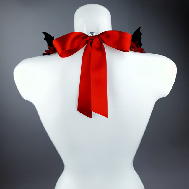 "2 Hearts Beat As 1" Red Rose, Anatomical Heart & Bat Wing Neckpiece