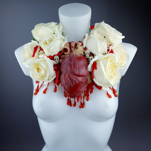 "Gouge Away" Ivory Rose, Anatomical Heart & Skulls Neckpiece