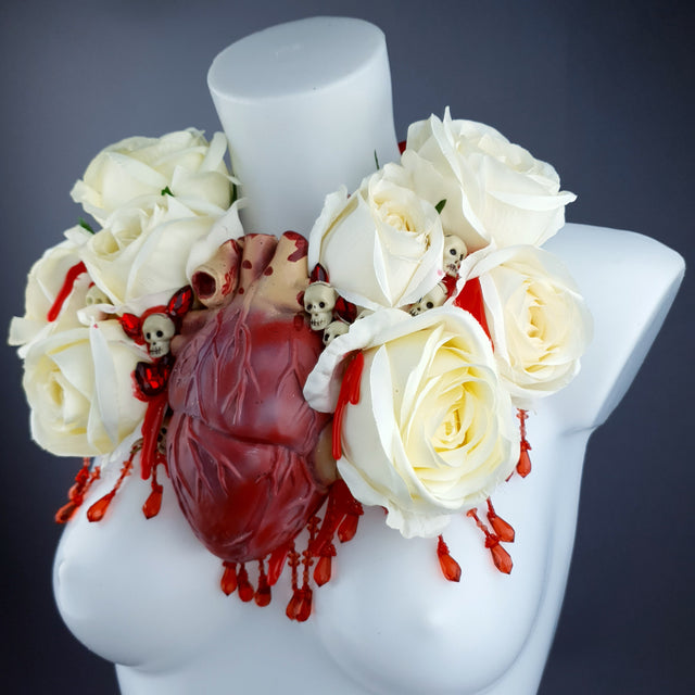 "Gouge Away" Ivory Rose, Anatomical Heart & Skulls Neckpiece
