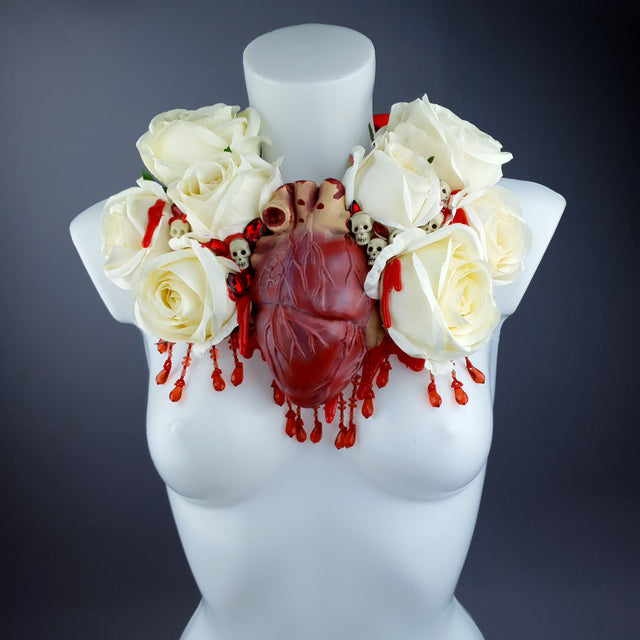 "Gouge Away" Ivory Rose, Anatomical Heart & Skulls Neckpiece