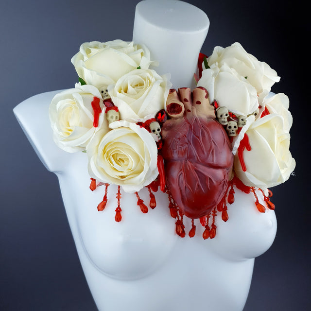 "Gouge Away" Ivory Rose, Anatomical Heart & Skulls Neckpiece