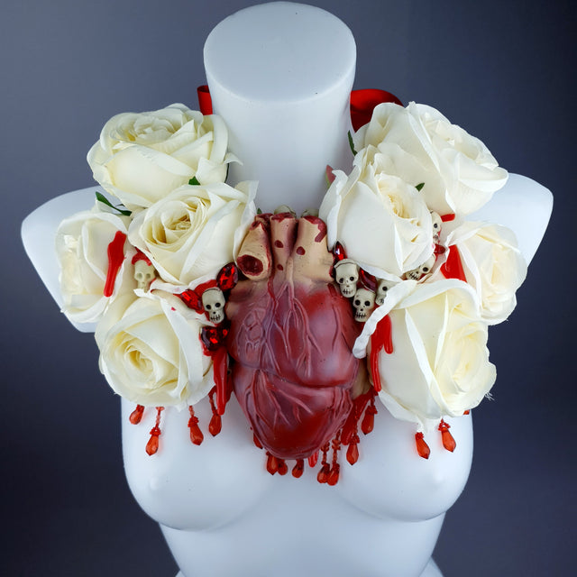 "Gouge Away" Ivory Rose, Anatomical Heart & Skulls Neckpiece