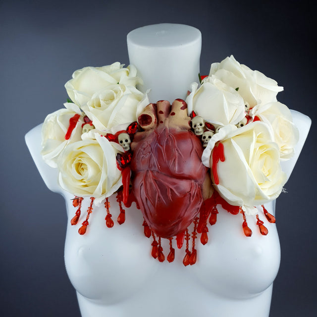 "Gouge Away" Ivory Rose, Anatomical Heart & Skulls Neckpiece
