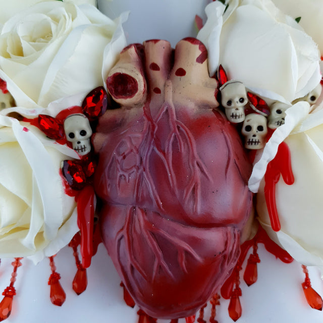 "Gouge Away" Ivory Rose, Anatomical Heart & Skulls Neckpiece