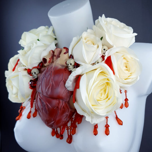 "Gouge Away" Ivory Rose, Anatomical Heart & Skulls Neckpiece