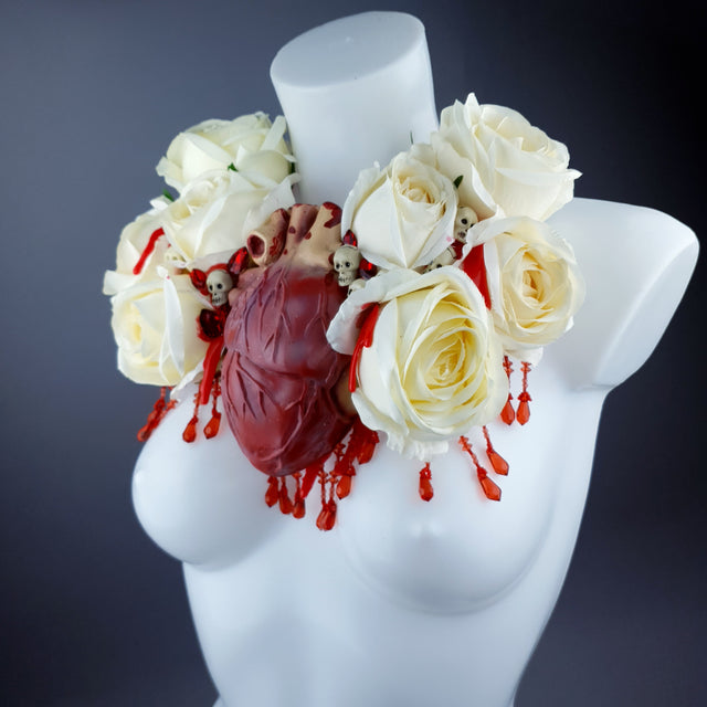 "Gouge Away" Ivory Rose, Anatomical Heart & Skulls Neckpiece
