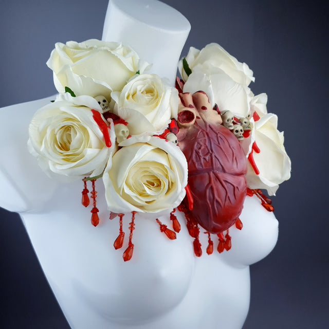 "Gouge Away" Ivory Rose, Anatomical Heart & Skulls Neckpiece