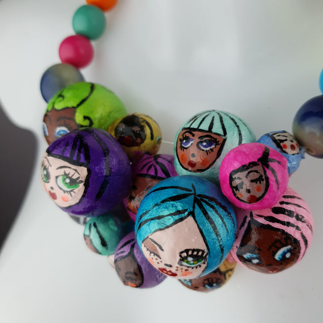 "Colourful Poppets" Bubble DollFace Necklace