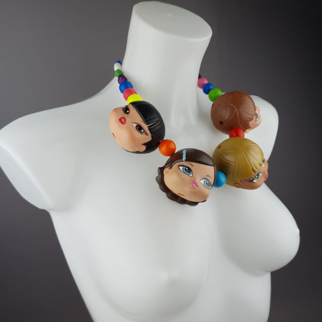 "Many Heads Are Better Than 1" Colourful Doll Head Statement Necklace