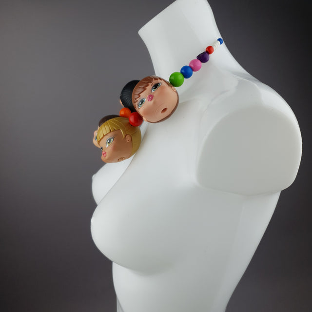 "Many Heads Are Better Than 1" Colourful Doll Head Statement Necklace