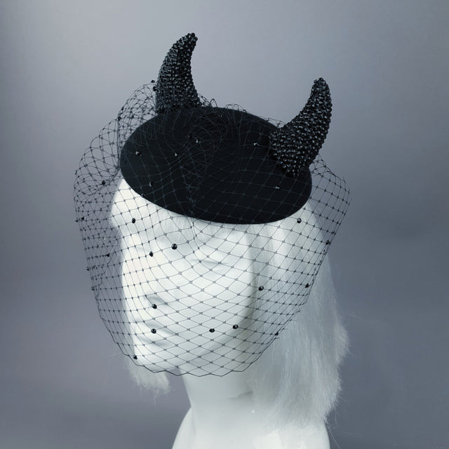 "The Devil Is A Woman" Black Crystal Horns Veil Fascinator Hat