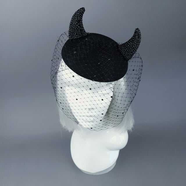 "The Devil Is A Woman" Black Crystal Horns Veil Fascinator Hat
