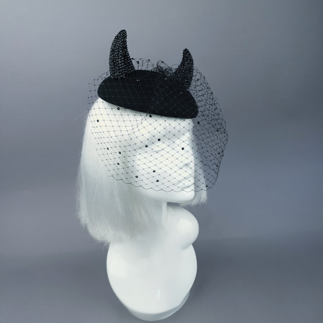 "The Devil Is A Woman" Black Crystal Horns Veil Fascinator Hat