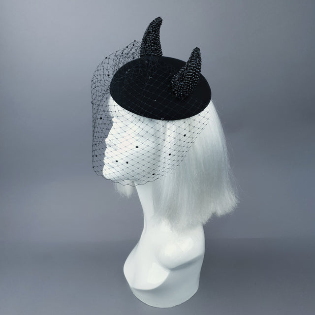 "The Devil Is A Woman" Black Crystal Horns Veil Fascinator Hat