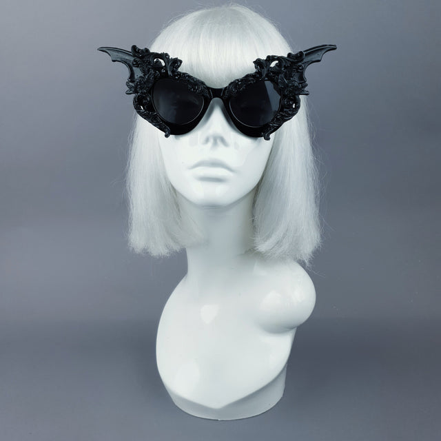 "Bathory" Black Filigree Ornate Bat Wing & Cherub Sunglasses