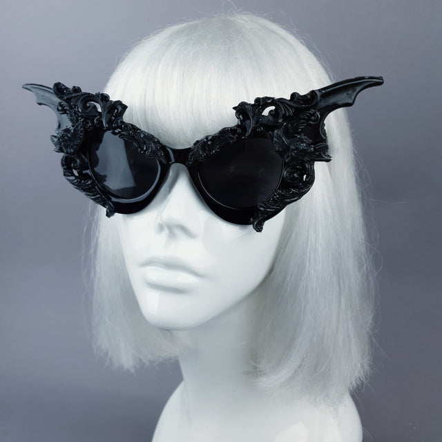 "Bathory" Black Filigree Ornate Bat Wing & Cherub Sunglasses