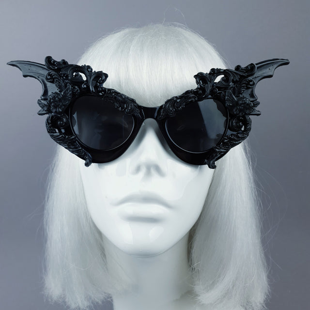 "Bathory" Black Filigree Ornate Bat Wing & Cherub Sunglasses